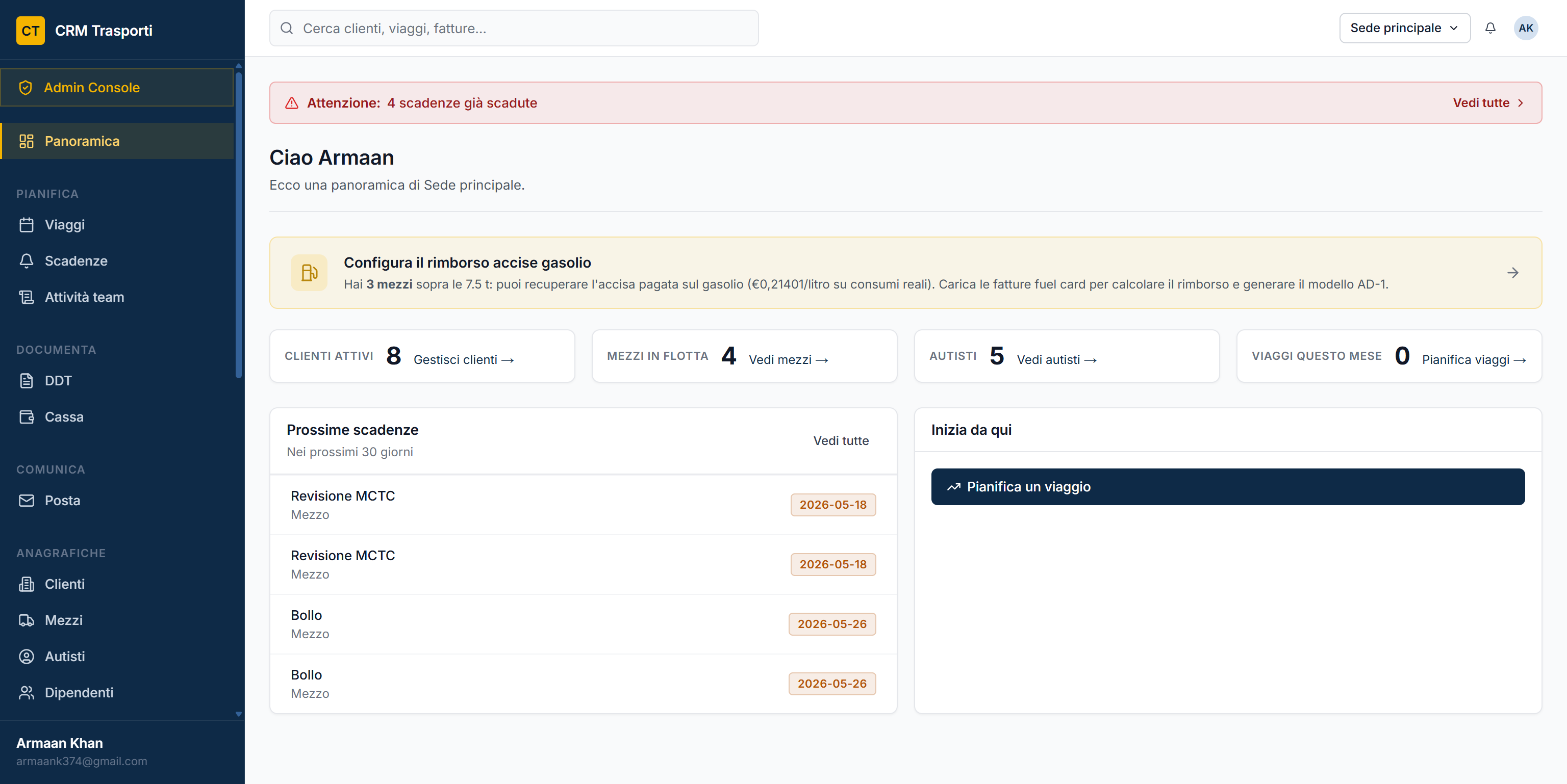 Dashboard CRM Trasporti — KPI flotta, scadenze, cassa in un colpo d'occhio