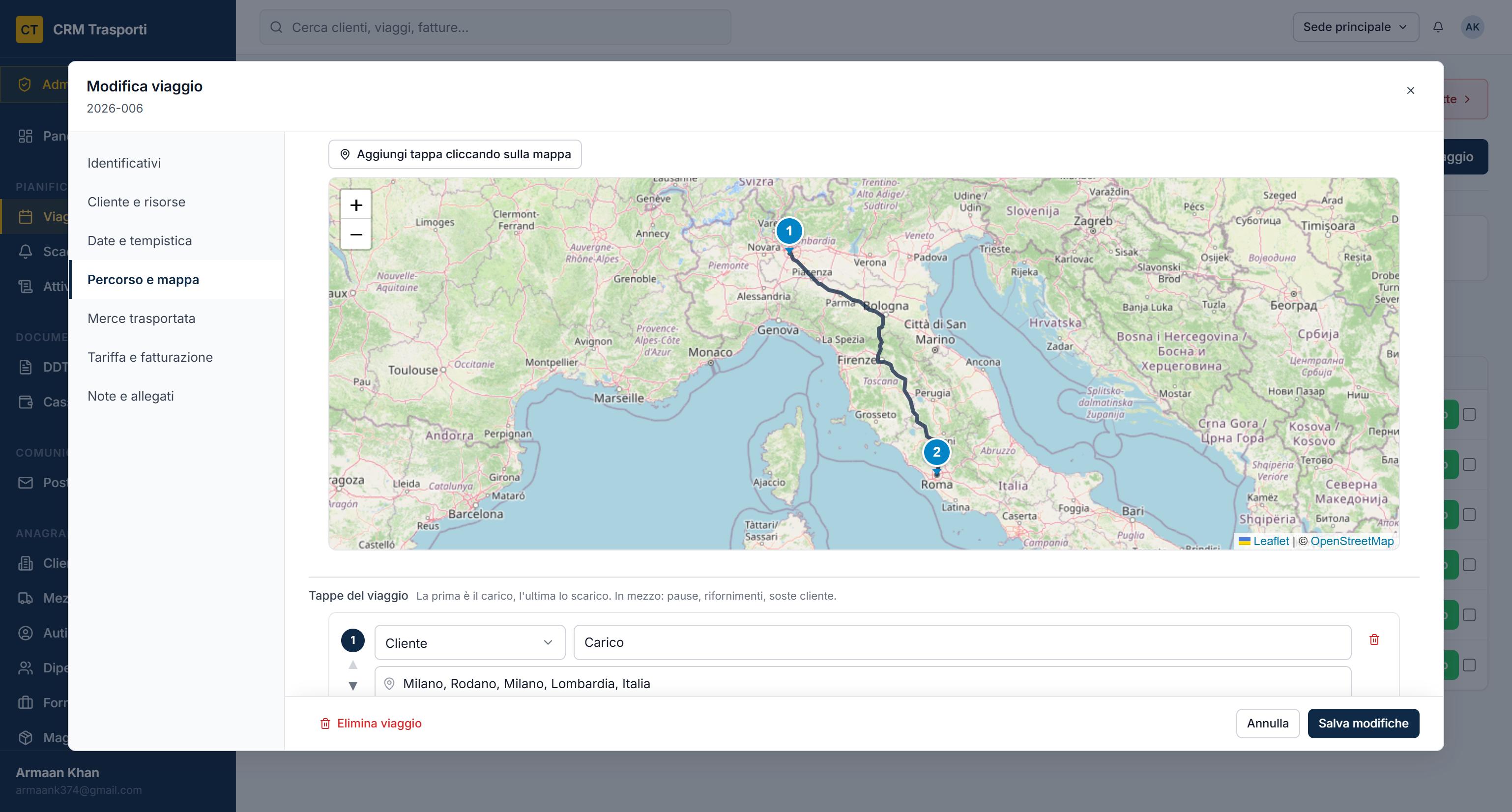 Pianificazione viaggio — mappa del percorso con tappe, mezzo e autista